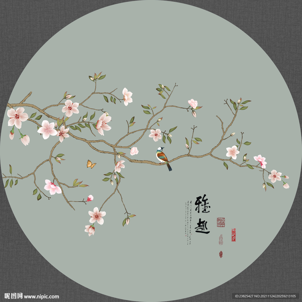 新中式手绘玉兰花鸟圆形装饰画