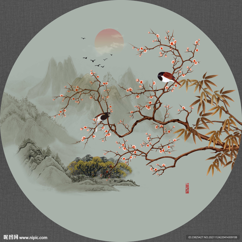 新中式手绘工笔花鸟圆形装饰画