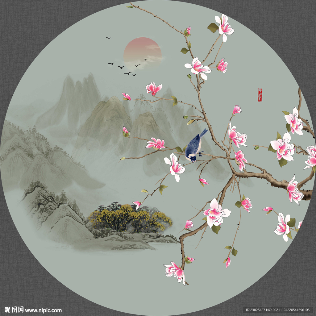 新中式手绘工笔花鸟圆形装饰画