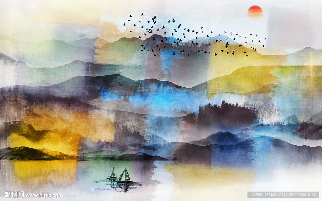 抽象艺术中式山水背景墙