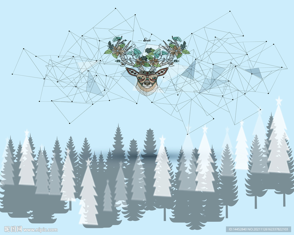 树鹿 松树 雪  几何 卡通