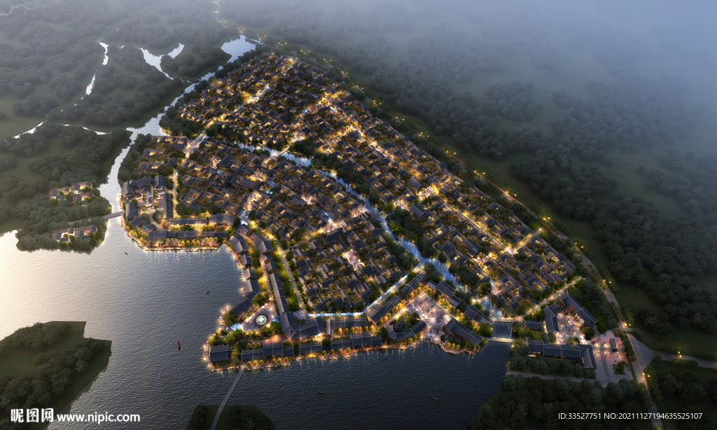 中式旅游度假古镇鸟瞰图