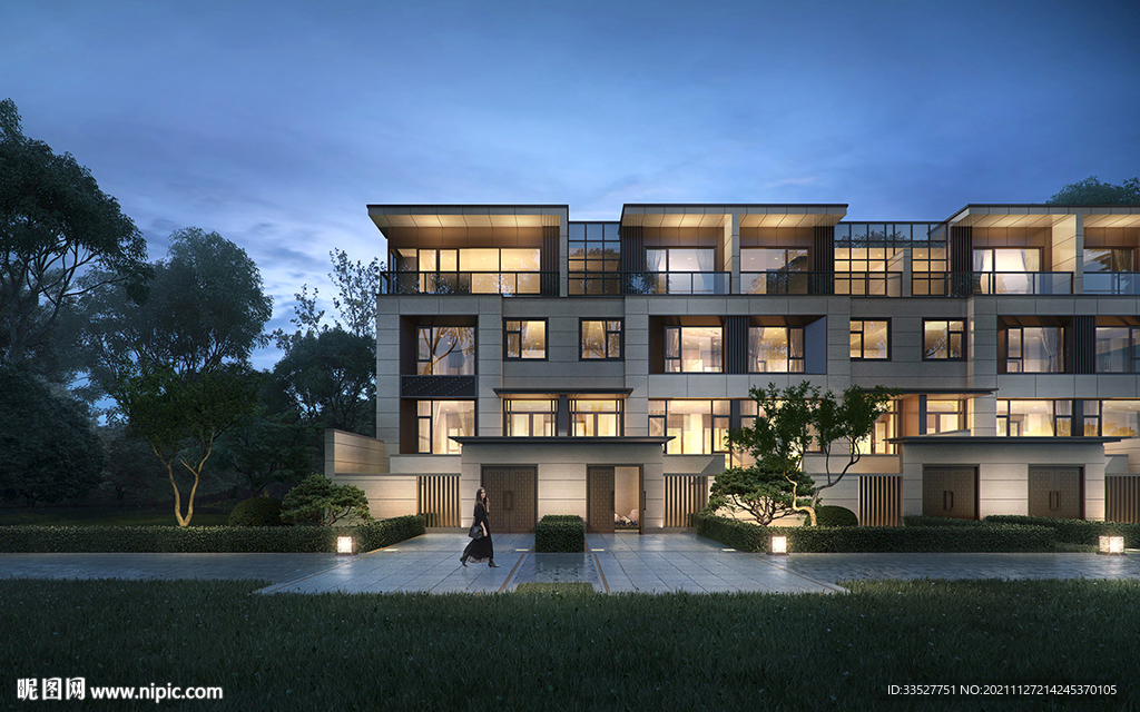 新中式联排别墅夜景效果图