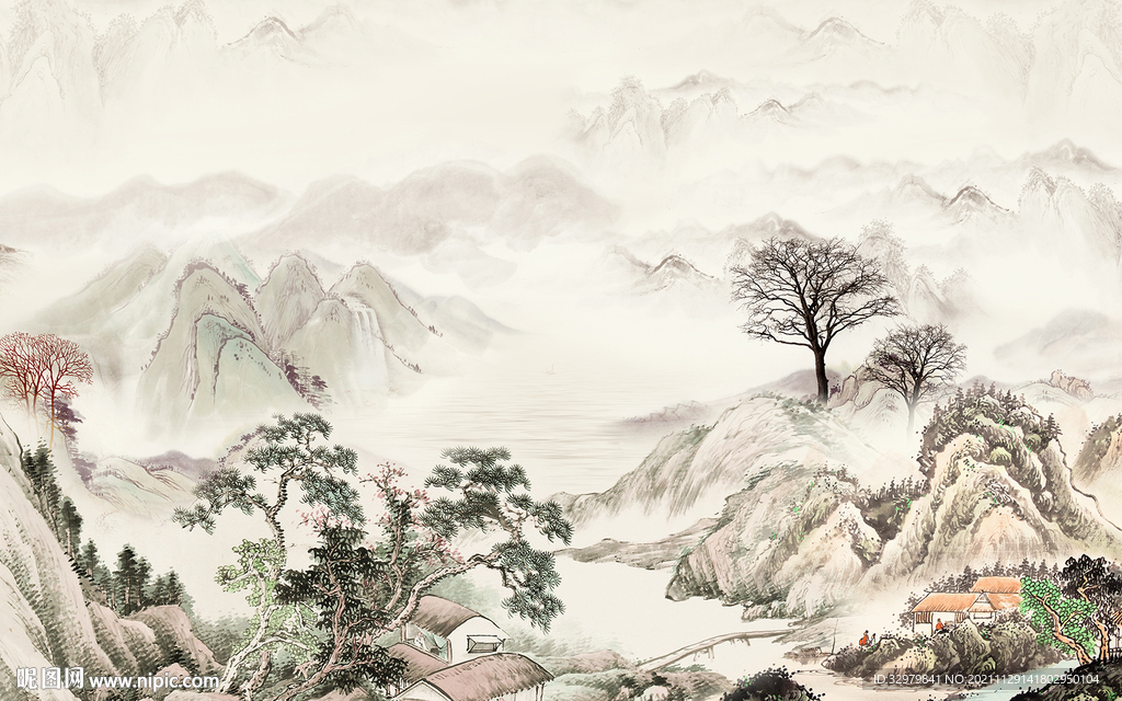 国画别墅客厅山水 TIF分层