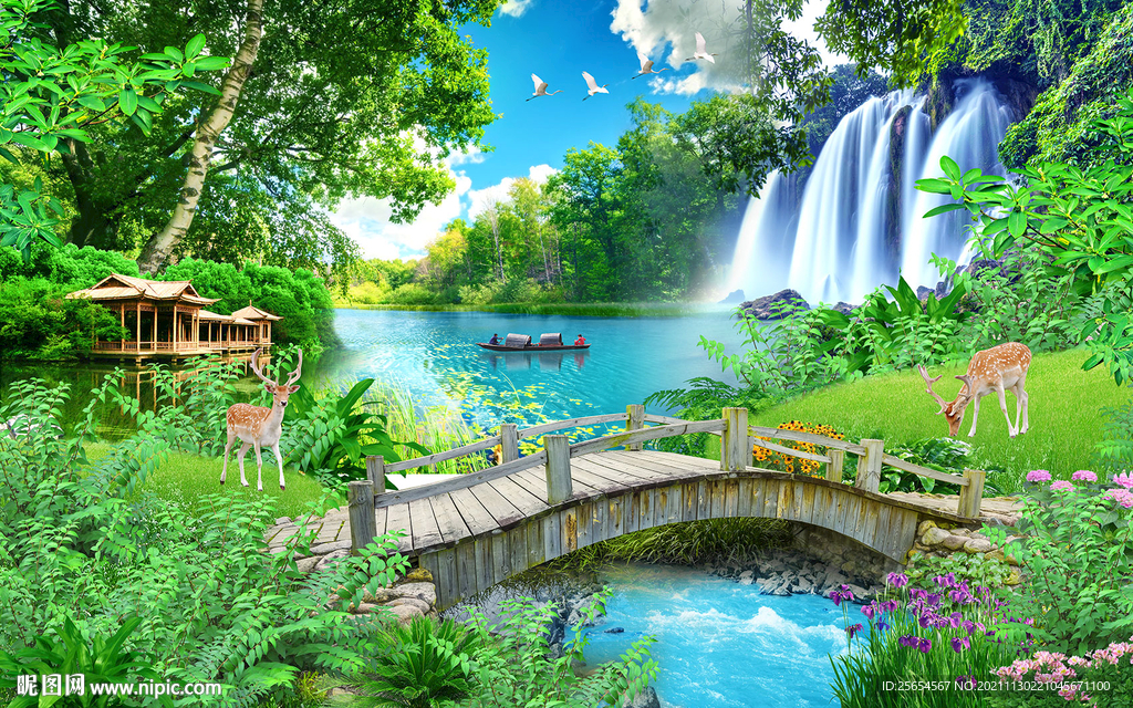 小桥流水树林3D电视背景墙