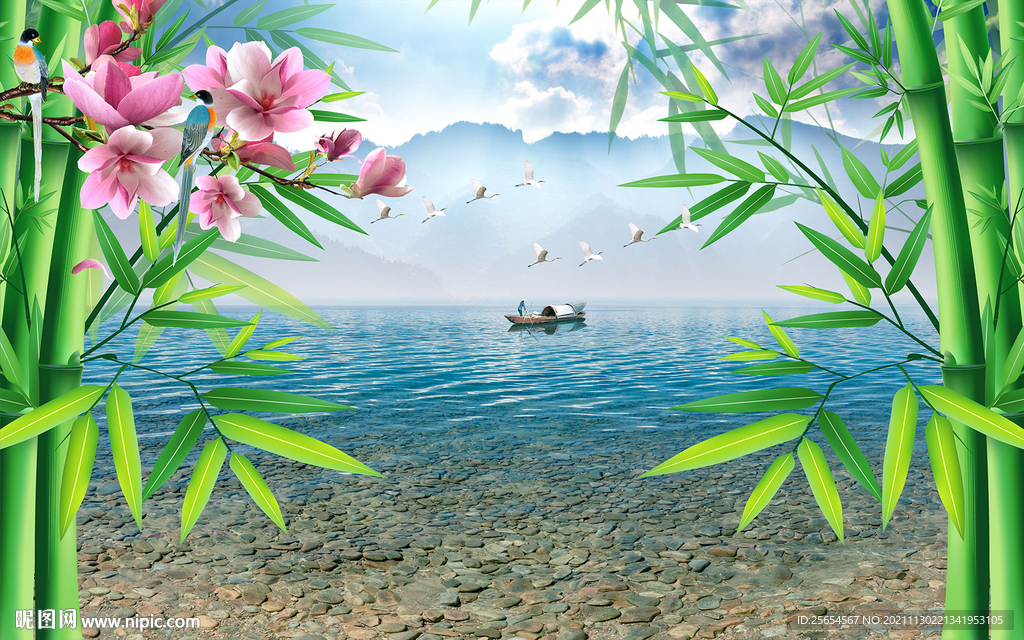 竹报平安山水情3D背景墙