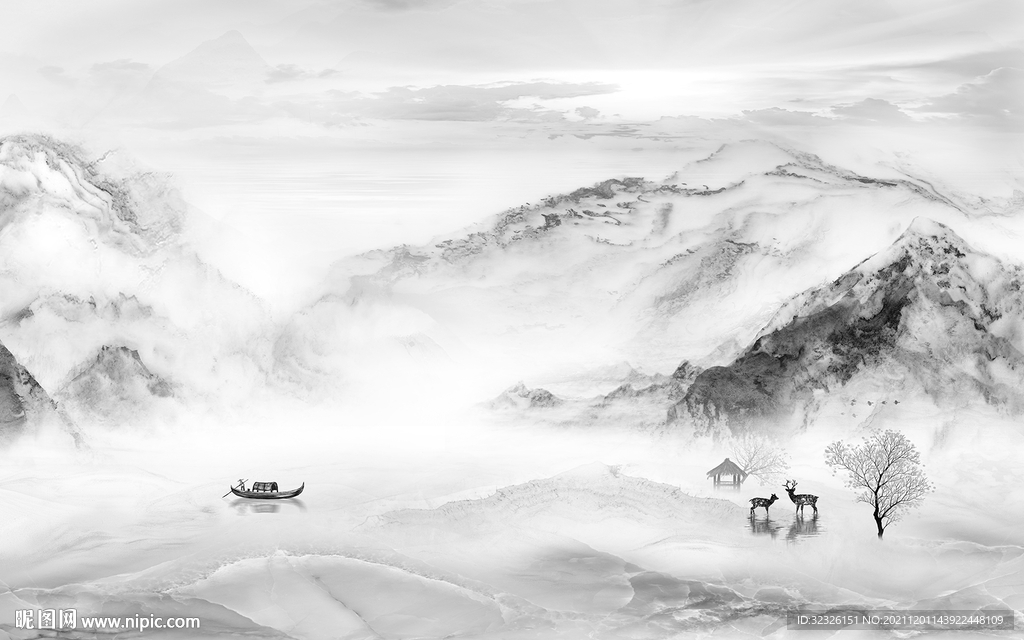 灰色意境山水 tif分层画 