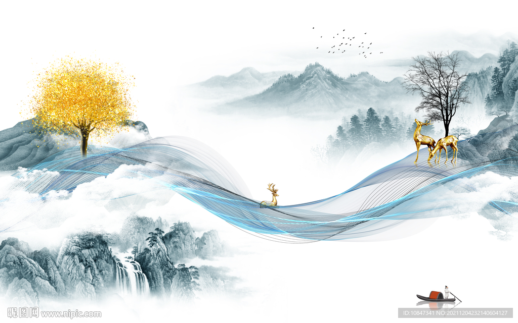 别墅山水现代背景 TIF分层