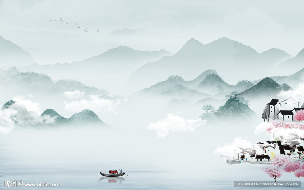 新中式背景墙山水 TIF分层画