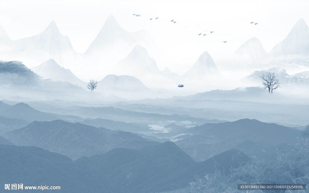 新中式山水客厅墙画 tif分层