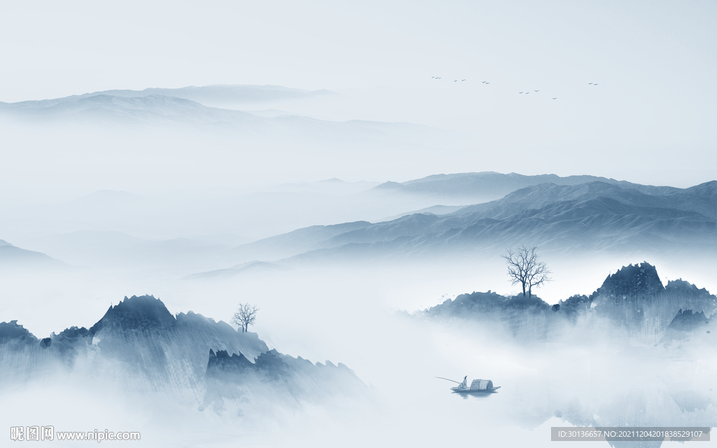 中式山水客厅墙画 tif分层