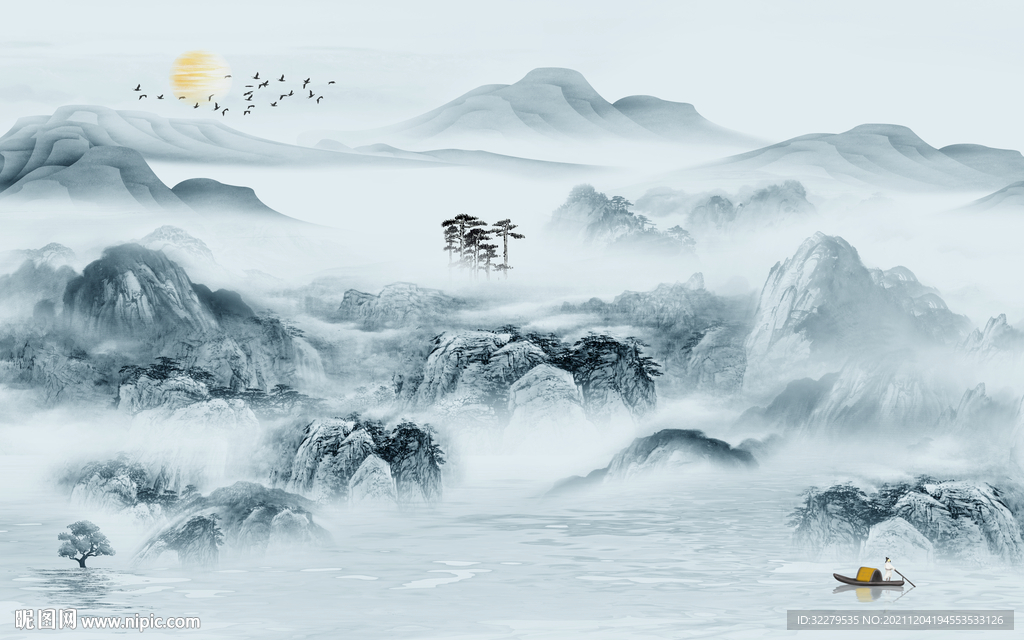 中国风高清墙画山水 TIF分层