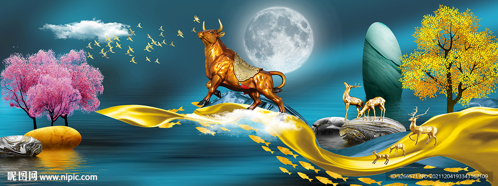 石来运转金牛冲天山水装饰画