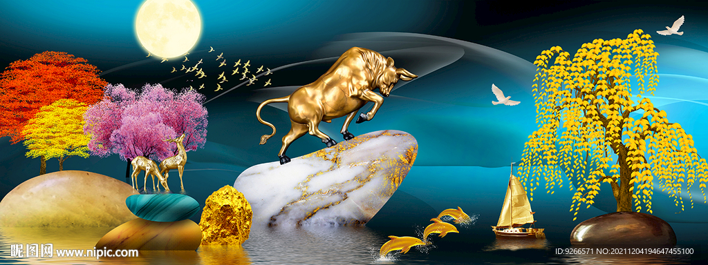 石来运转金牛冲天山水装饰画