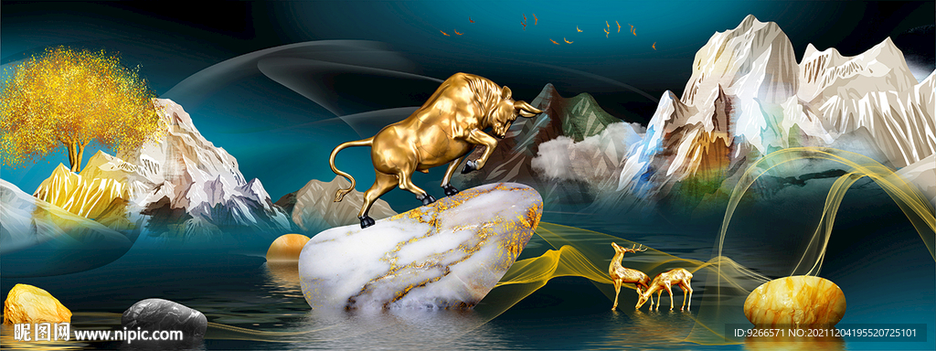 石来运转金牛冲天山水装饰画