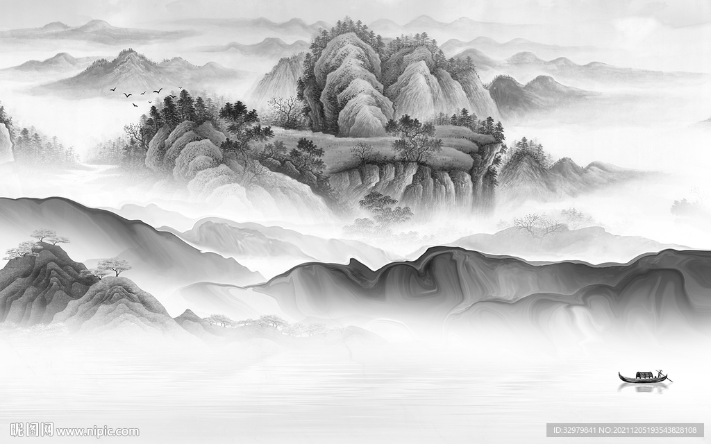 爆款 山水客厅背景 tif分层