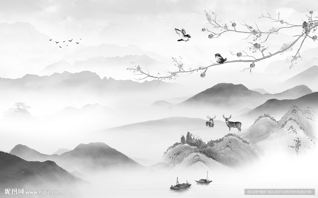 人气山水客厅背景 tif分层