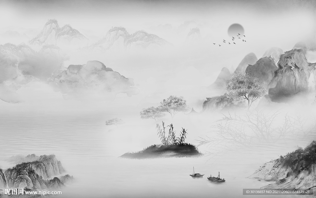 爆款现代灰色山水 TIF分层