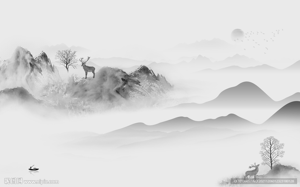 新中式现代灰色山水 TIF分层