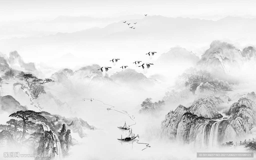 新中式最新灰色山水 TIF分层