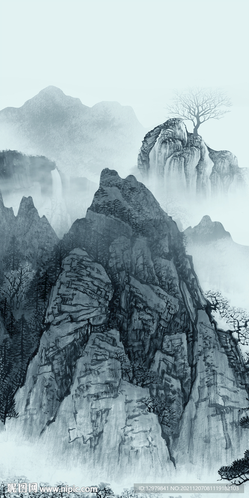 蓝色高清画山水图 TIF分层