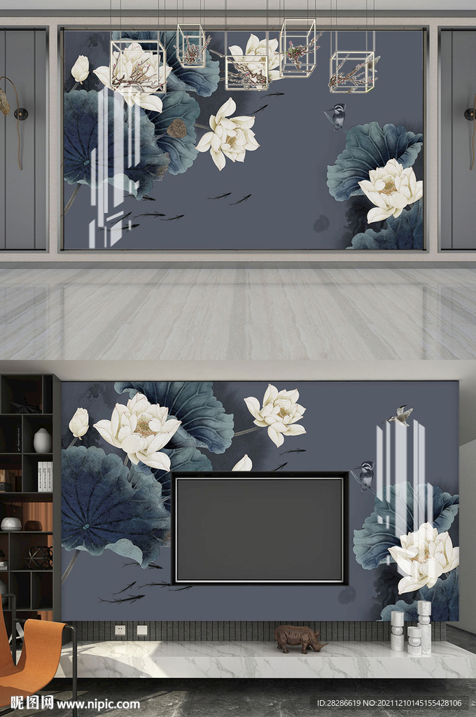 中式荷花蓝色客厅沙发电视背景墙