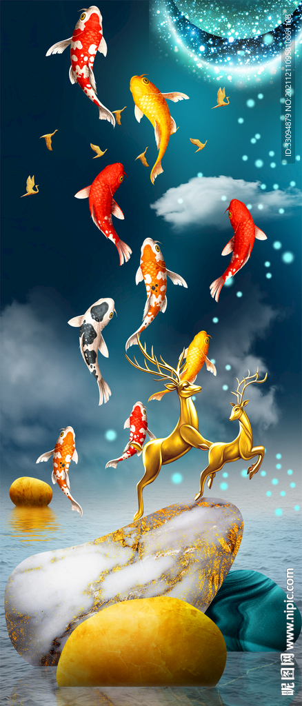 高清分层九鱼装饰画