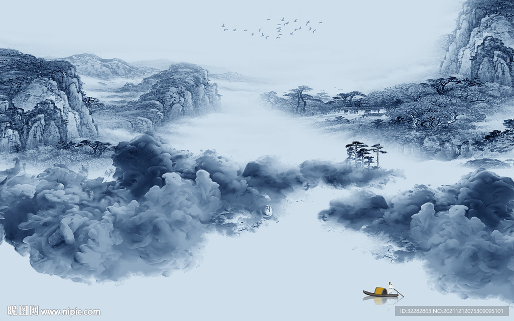 蓝色最新客厅山水 TIF分层