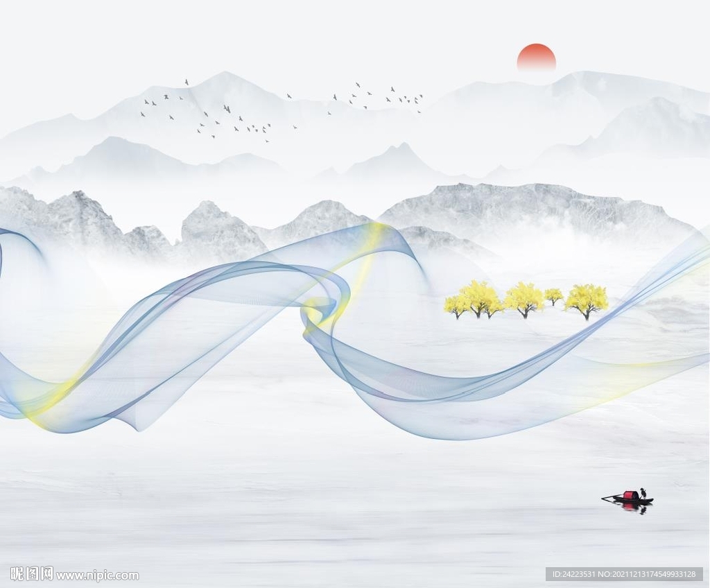 新中式飘带山水烟雾背景墙