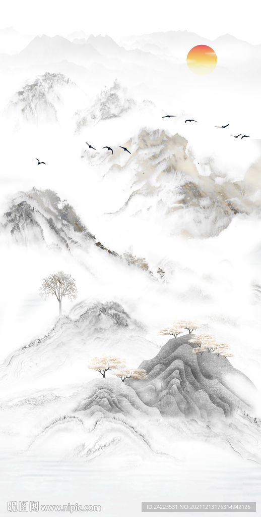 水墨山水新中式意境山水玄关背景