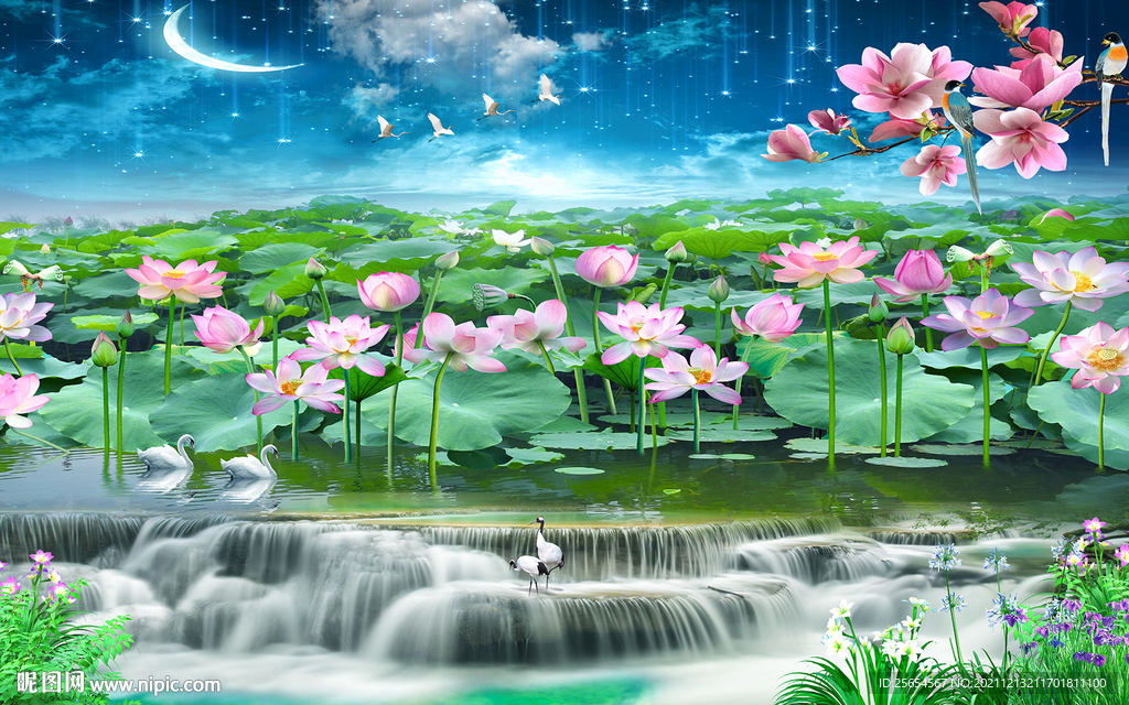 简约荷花鲤鱼电视背景墙