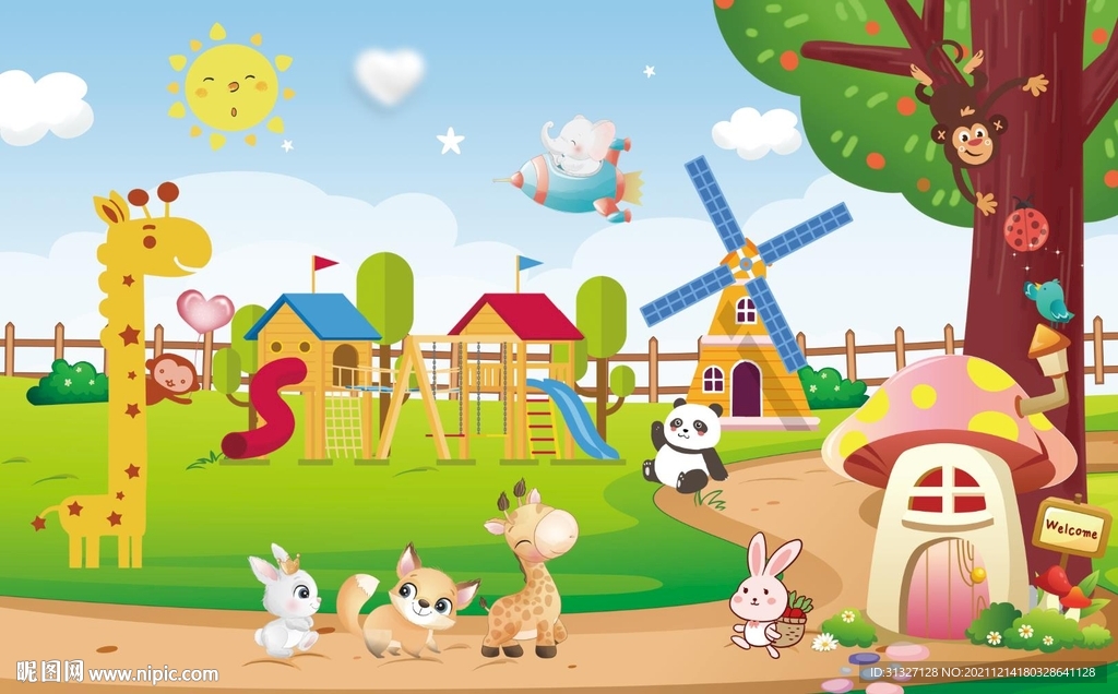 森林动物插画 儿童背景墙图片