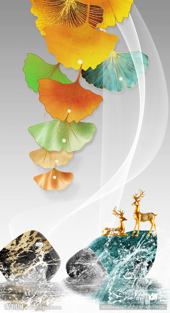 晶瓷画抽象线条玄关杏叶麋鹿石头