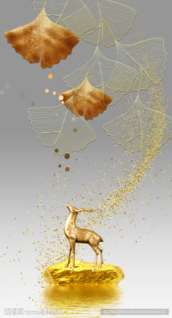 晶瓷画线条抽象画玄关杏叶麋鹿