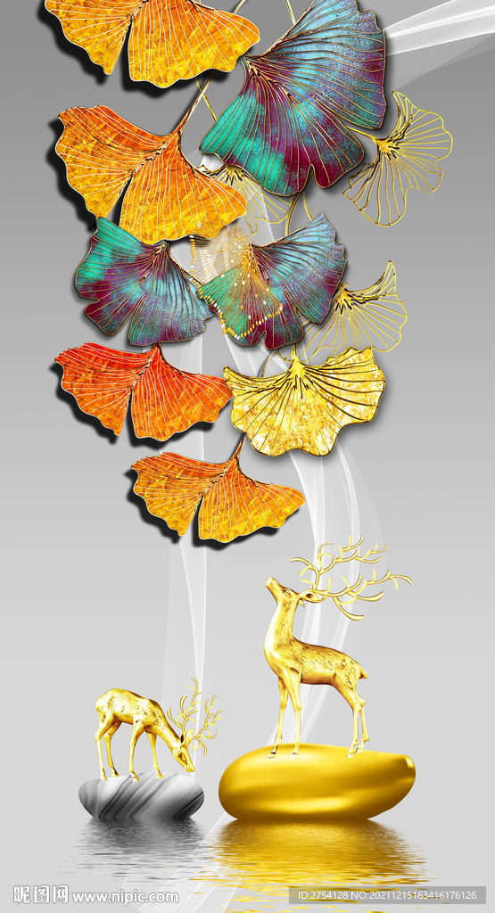 晶瓷画线条抽象画玄关杏叶麋鹿