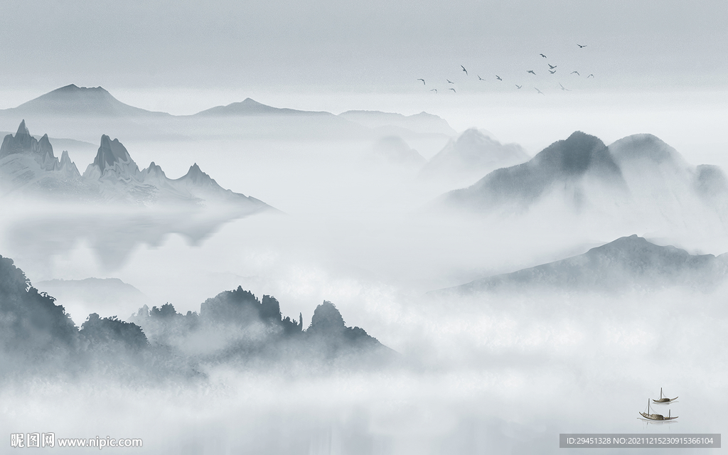 新中式山水客厅背景 tif分层