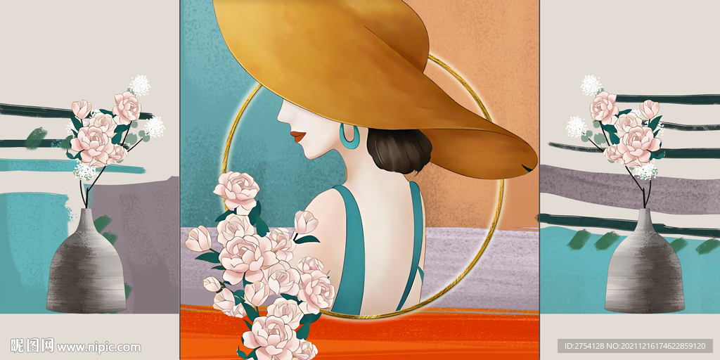 晶瓷画花瓶玫瑰花三联画美女