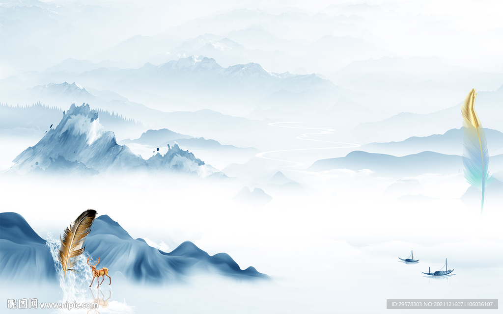 中式客厅新山水画 TIF分层