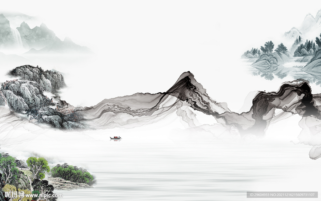 新中式别墅山水背景 tif分层