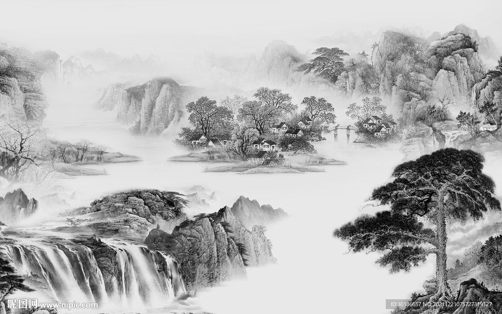 客厅电视灰色山水 TIF分层