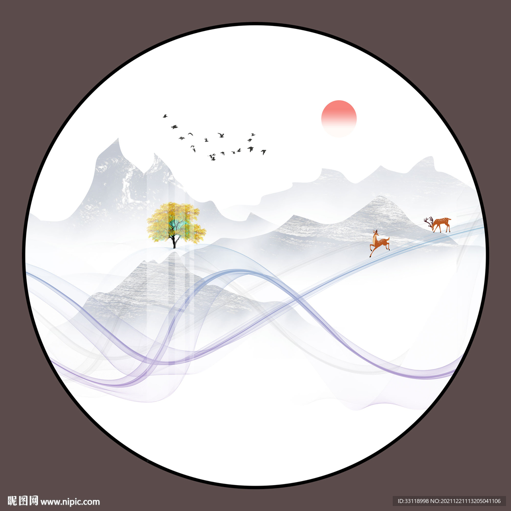 水墨山水圆形装饰