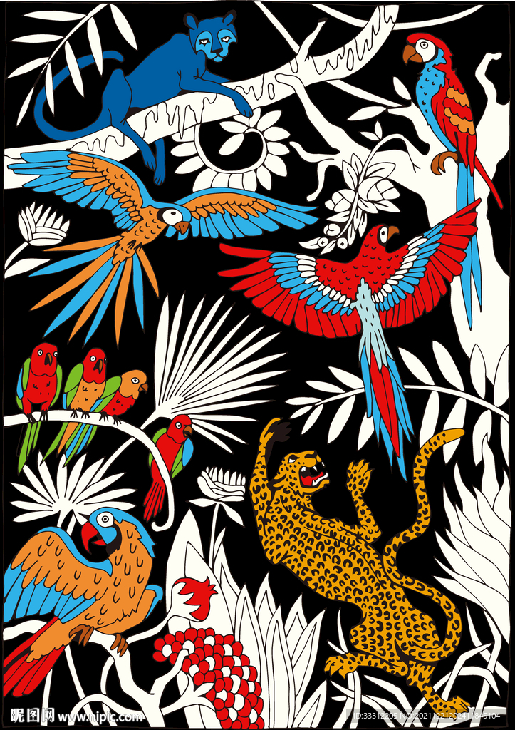 豹子 花丛 叶子 热带花 动物