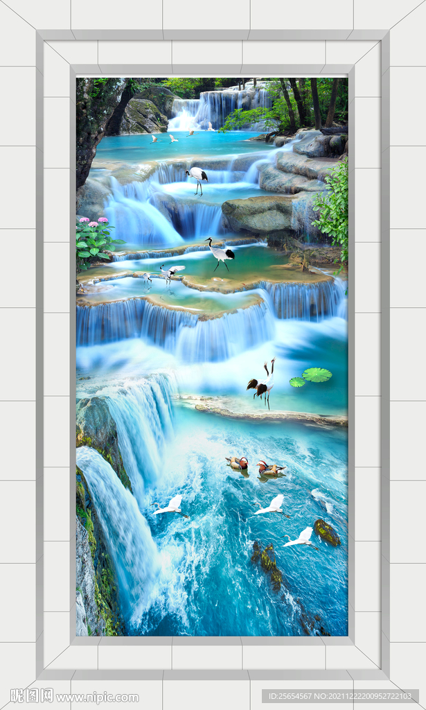 流水瀑布荷花3D立体画地板