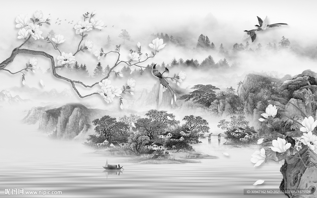 别墅背景墙灰山水 TIF分层