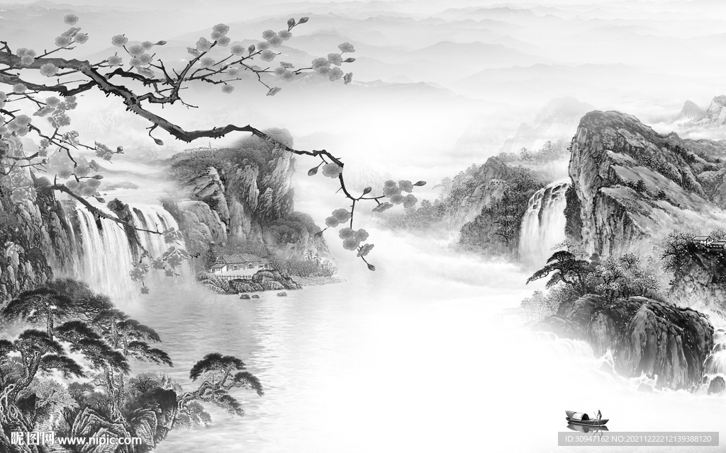 高级灰山水画 TIF分层