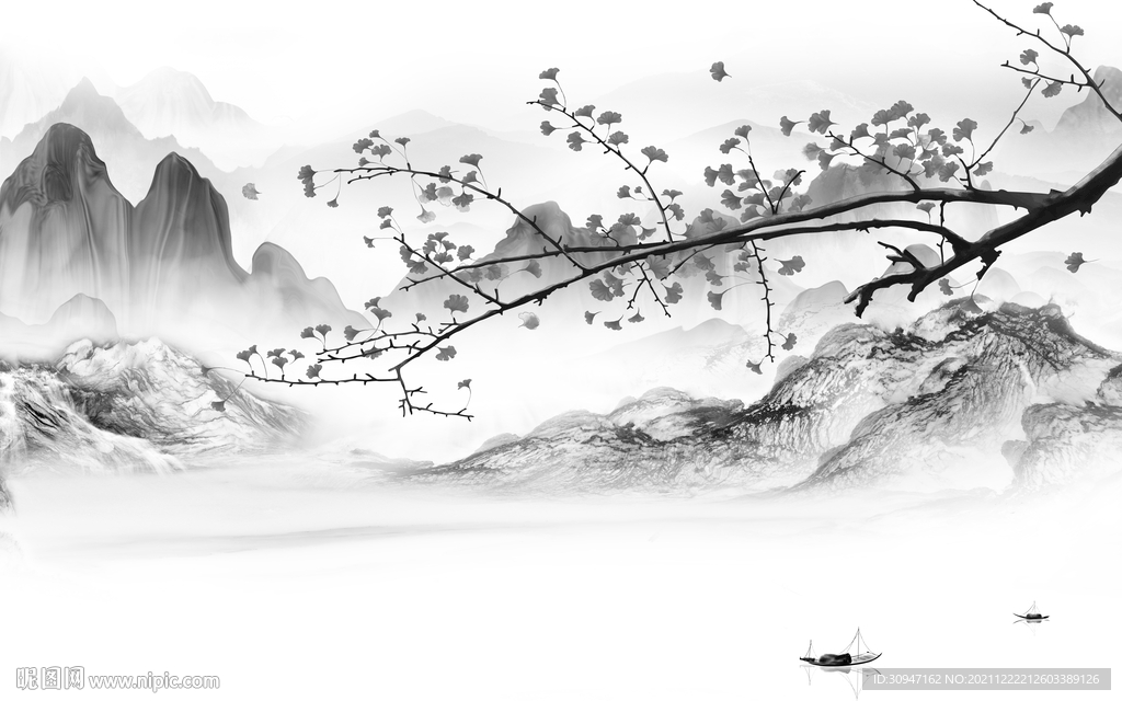 新中式现代灰山水画 TIF分层