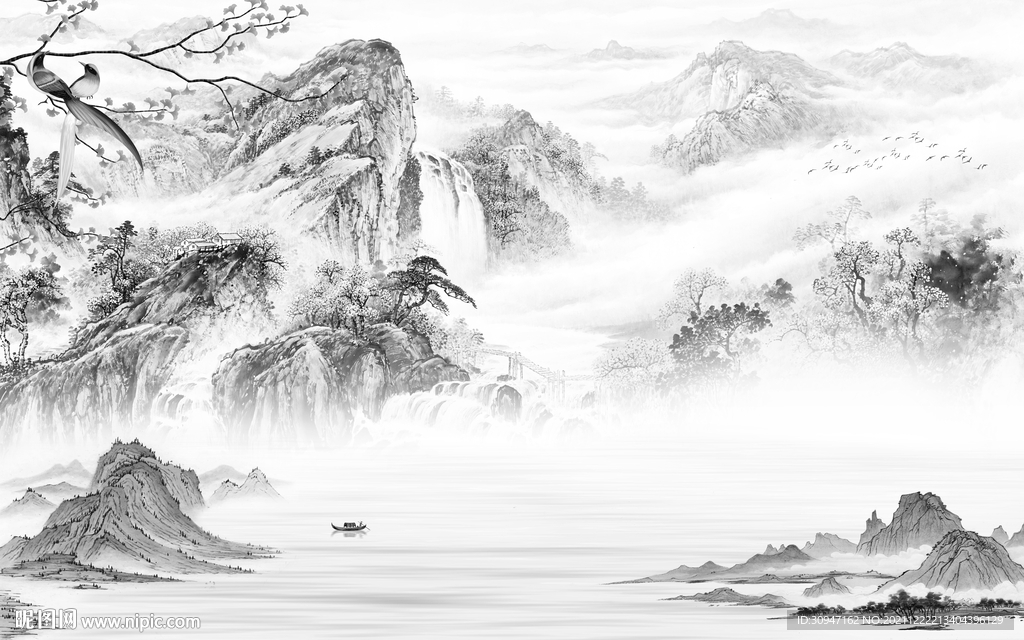 新中式背景墙灰山水 TIF分层