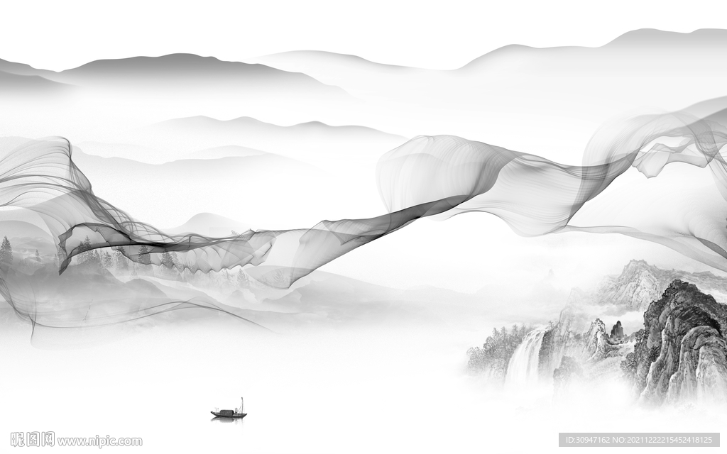 中国风灰色客厅山水 TIF分层