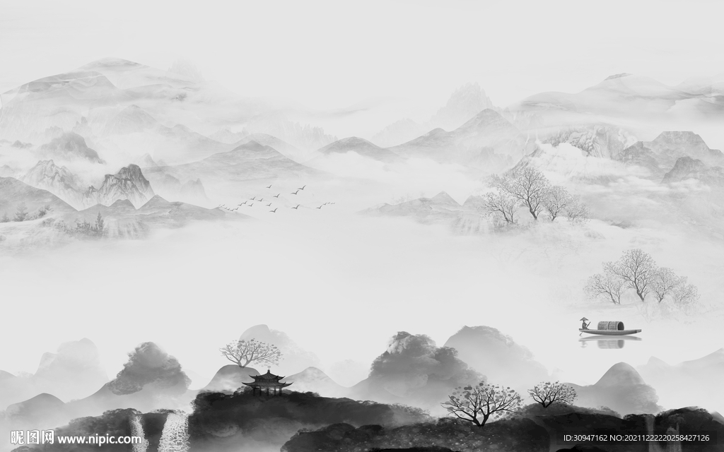 高清 背景墙灰山水 TIF分层