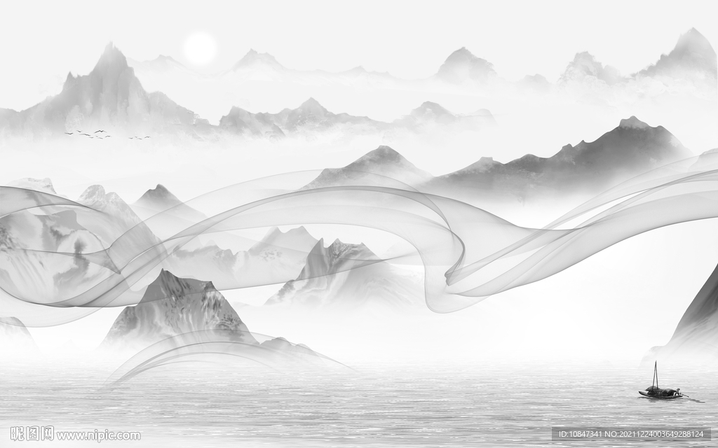 新中式灰色客厅山水 TIF分层